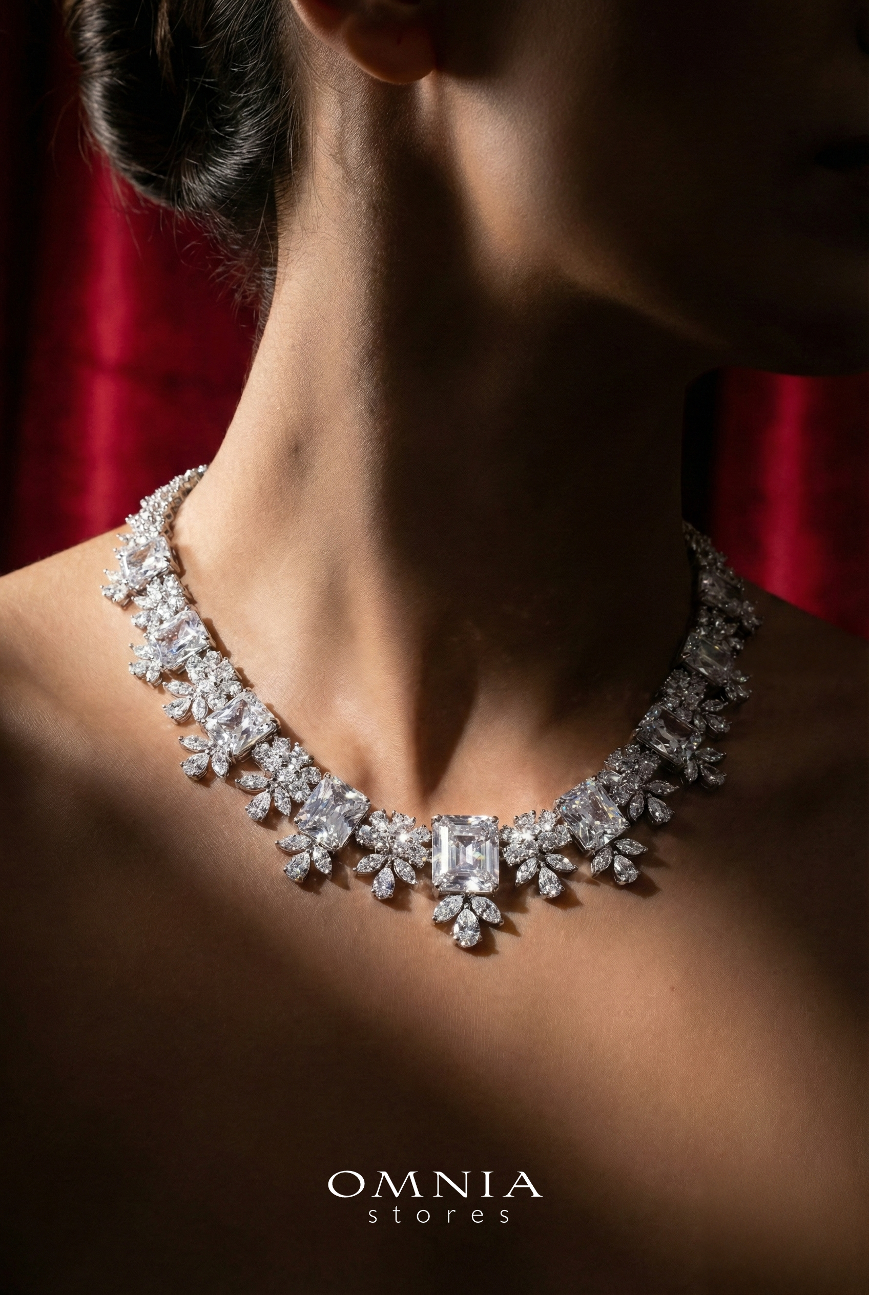 Omnia Charlotte Pure White Bridal Full Set with Emerald and Pear-Cut High-Quality Simulated Diamonds Rhodium Plated