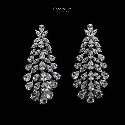 Omnia Sufia Cascading Pear-Cut Earrings with High-Quality Simulated Diamonds Rhodium Plated