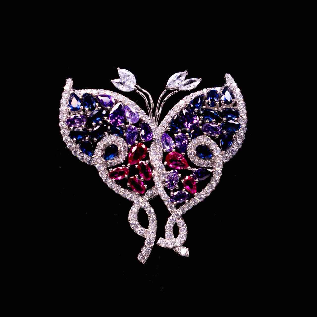 Omnia Nawar Multi Color Butterfly Silver Brooch in 925 Silver In High Quality Simulated Diamonds