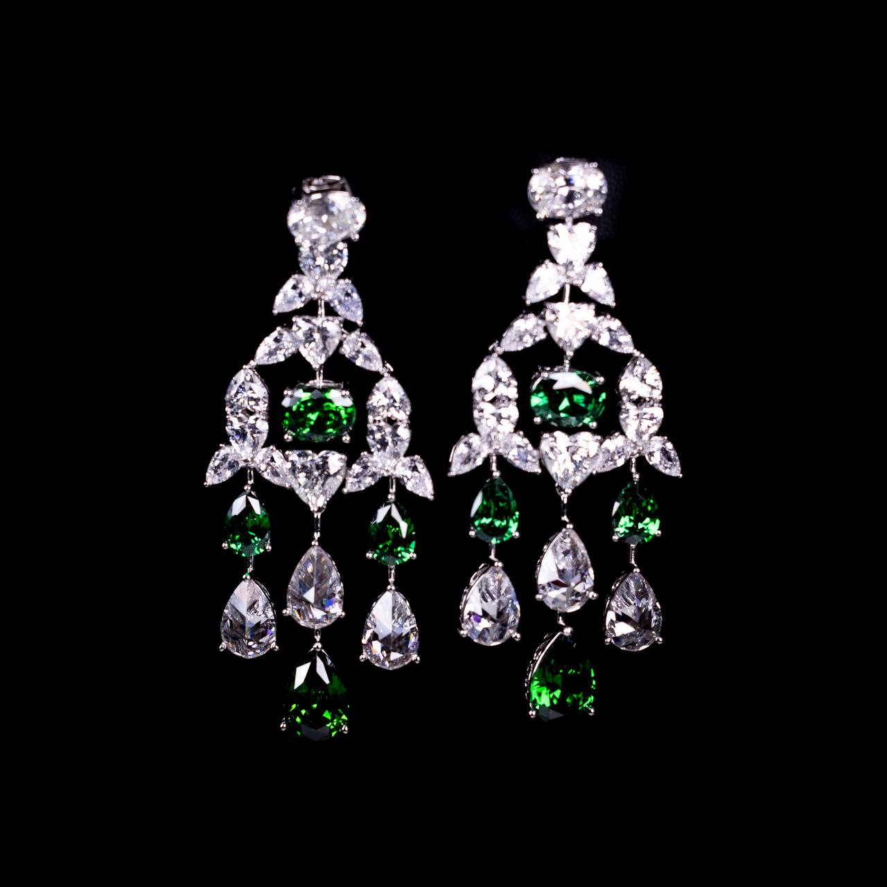 Omnia Saliha White and Green Drop Earrings In 925 Silver High Quality Certified Lab Crafted Stones