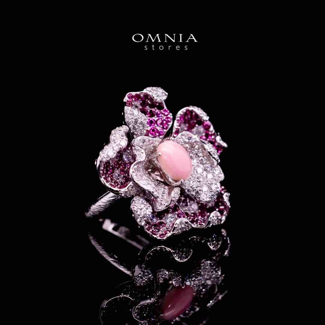 Omnia Sufiya Pink Coral Flower Silver Ring in 925 Silver High Quality Simulated Diamonds Stones