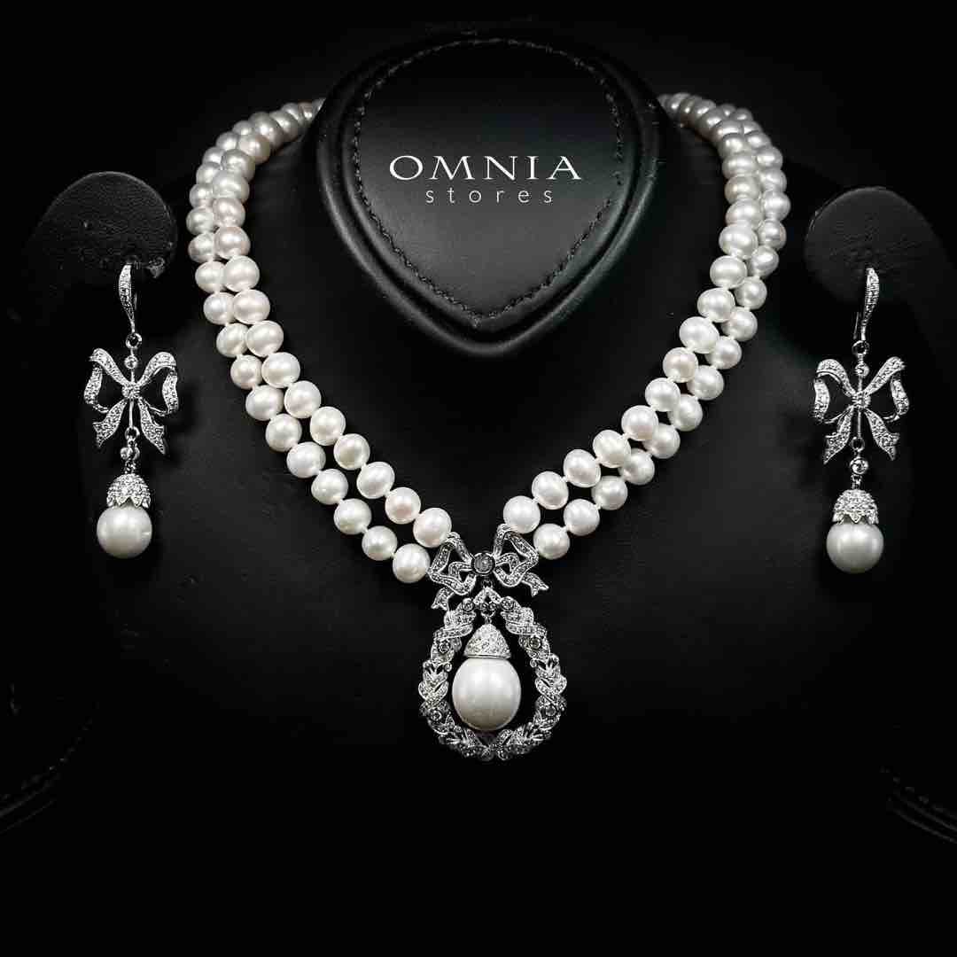 Omnia Aneera Fresh Water Pearl Necklace and Earrings Set with 925 Silver High Quality Simulated Diamonds Stones - OMNIASTORES UAE