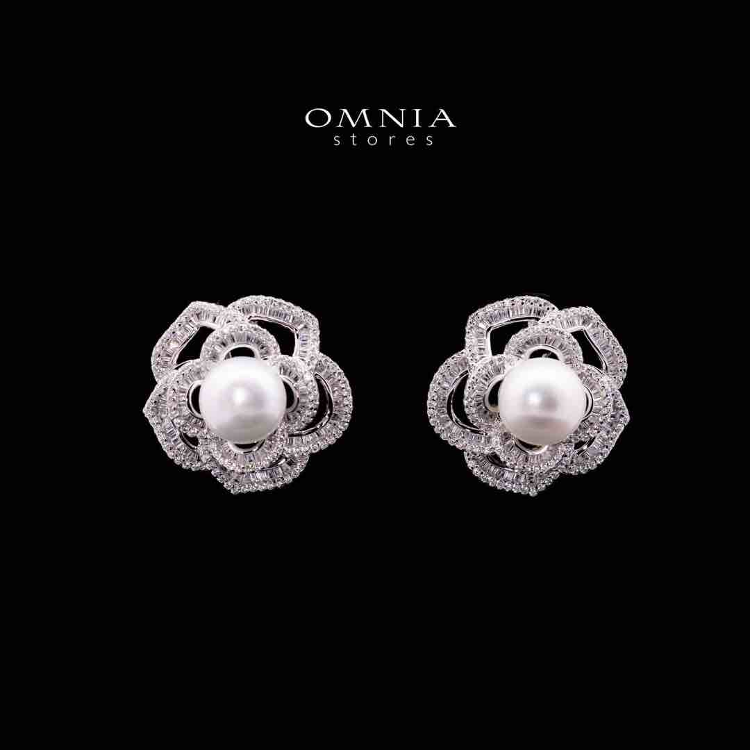 Omnia Almaz Flower Fresh Water Pearl Silver Earrings with 925 Silver High Quality Simulated Diamonds Stones