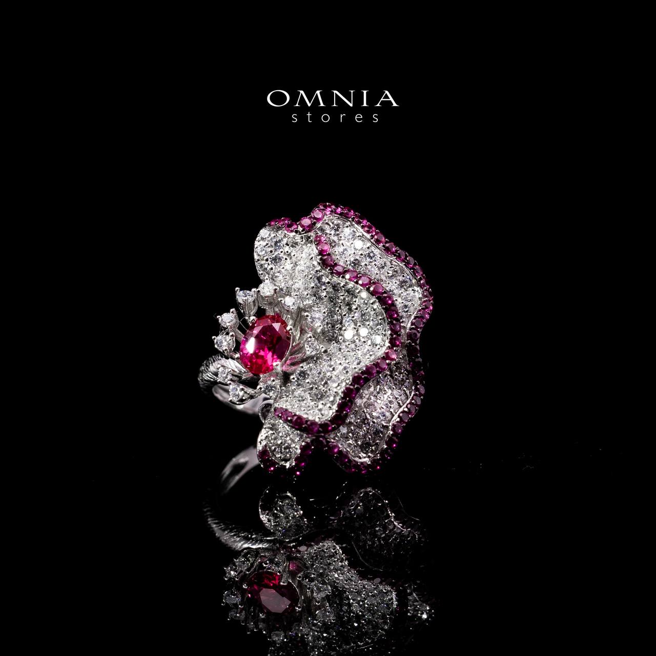 Omnia Ausa Red Flower Silver Ring in 925 Silver High Quality White and Maroon Simulated Diamond Stones