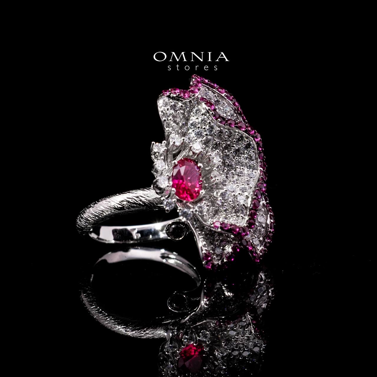 Omnia Ausa Red Flower Silver Ring in 925 Silver High Quality White and Maroon Simulated Diamond Stones