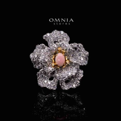 Omnia Sihab Pink Coral Flower Silver Ring in 925 Silver High Quality White Simulated Diamond Stones