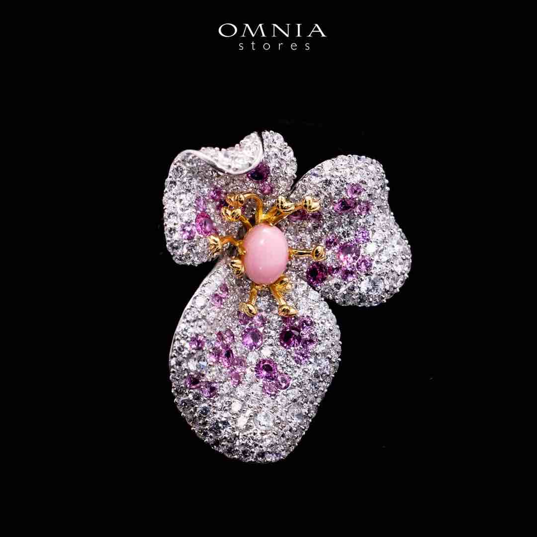 Omnia Musheera Pink Coral Flower Silver brooch in 925 Silver High Quality Pink Simulated Diamonds Stones