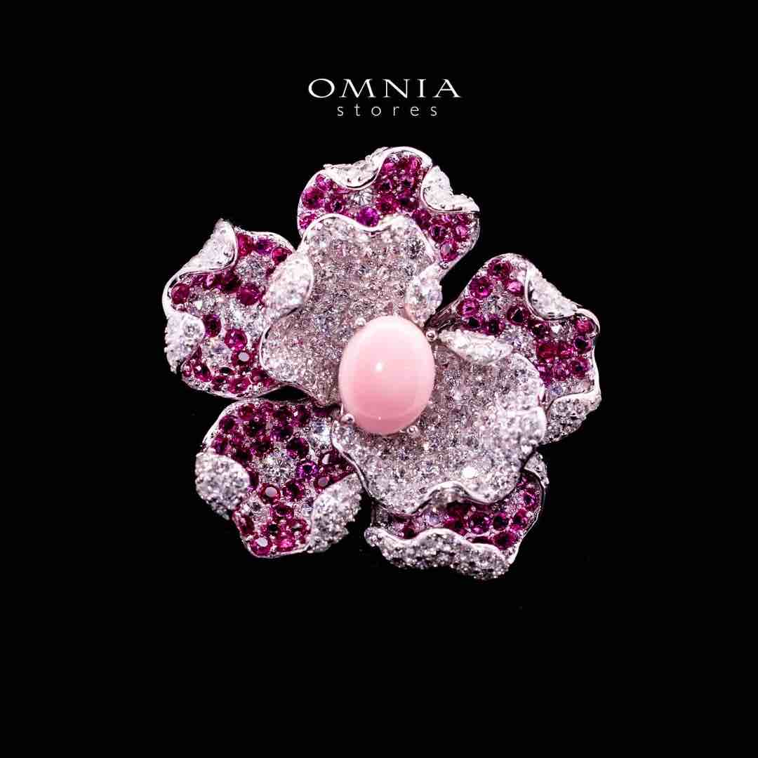 Omnia Sufiya Pink Coral Flower Silver brooch in 925 Silver High Quality Simulated Diamonds Stones