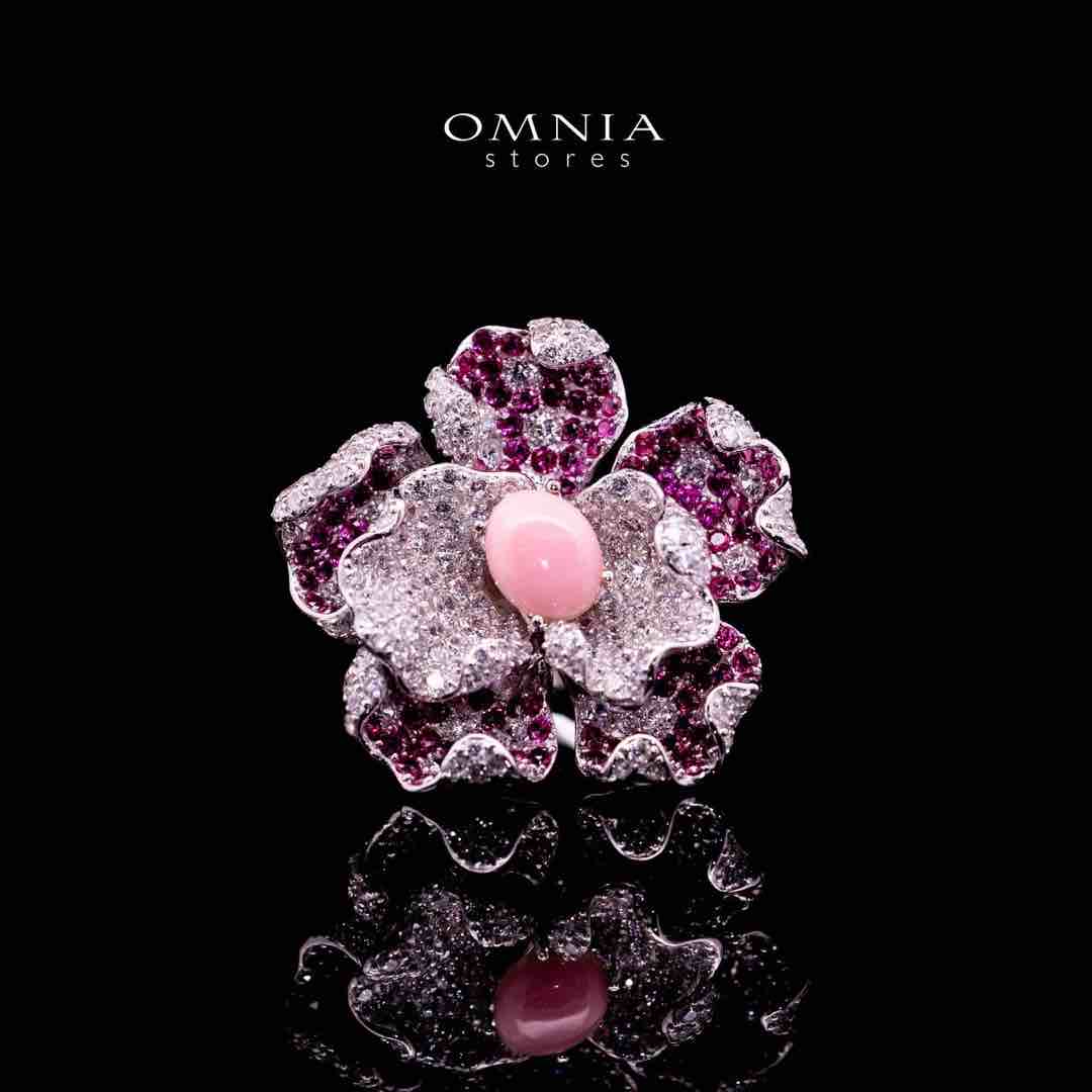 Omnia Sufiya Pink Coral Flower Silver Ring in 925 Silver High Quality Simulated Diamonds Stones - OMNIASTORES UAE