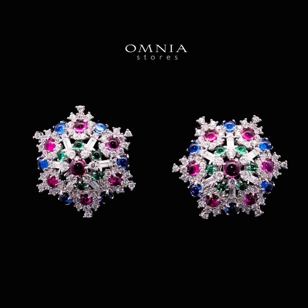 Omnia Feda Multi Color Silver Stud Earrings in 925 Silver High Quality Simulated Diamonds Stones