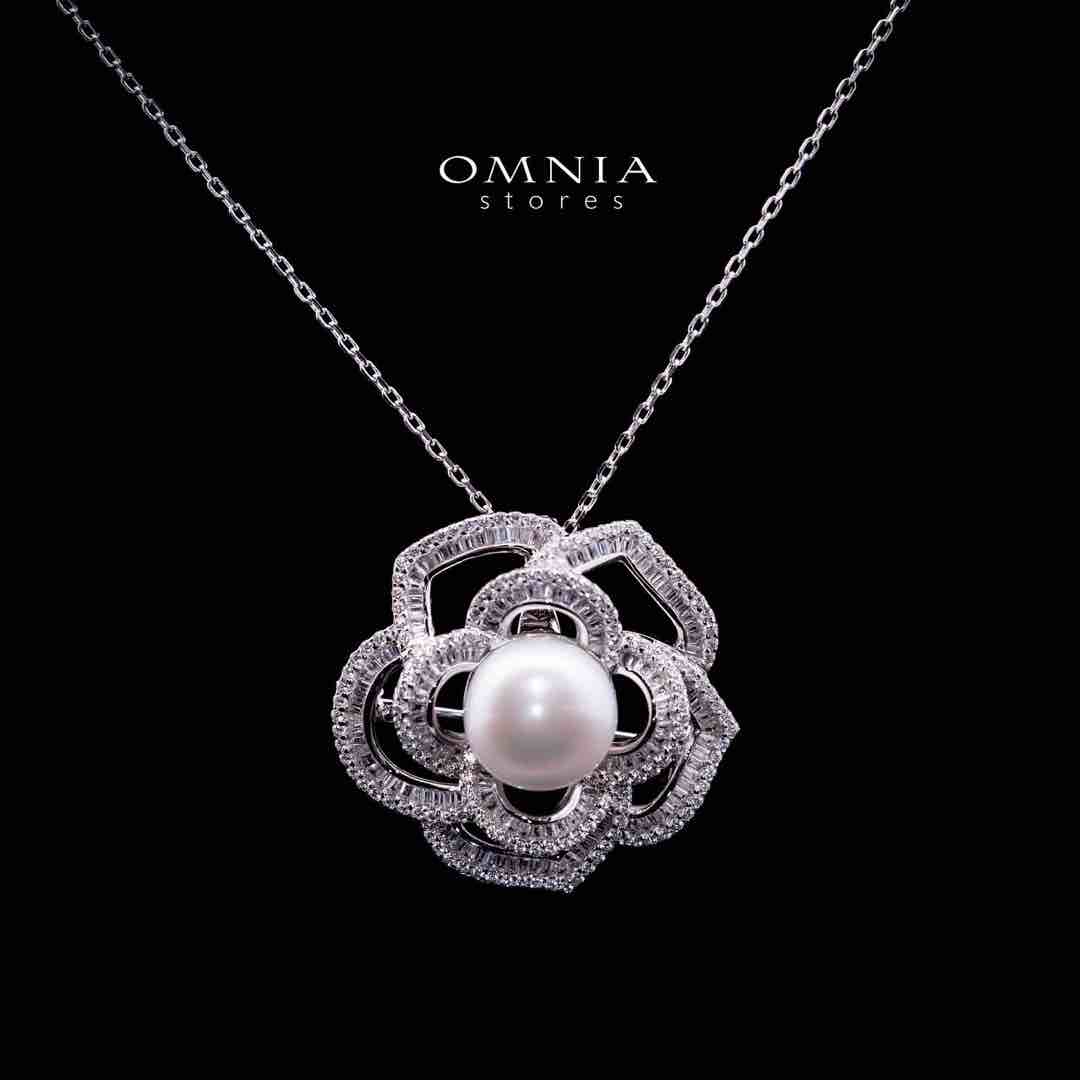 Omnia Almaz Flower Fresh Water Pearl Silver Pendant Necklace with 925 Silver High Quality Simulated Diamonds Stones - OMNIASTORES UAE