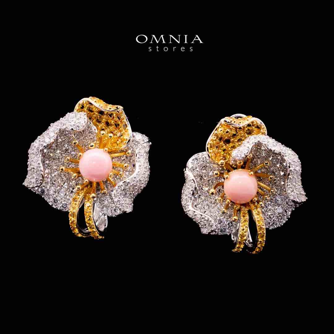 Omnia Sanaa Pink Coral White and Gold Flower Silver Earrings in 925 Silver High Quality Simulated Diamonds Stones - OMNIASTORES UAE