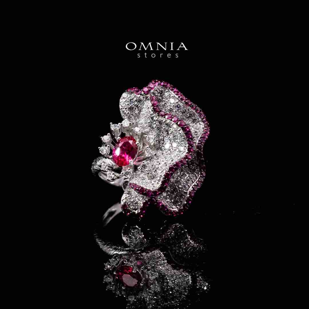 Omnia Ausa Red Flower Silver Drop Earrings in 925 Silver High Quality White and Maroon Simulated Diamond Stones - OMNIASTORES UAE