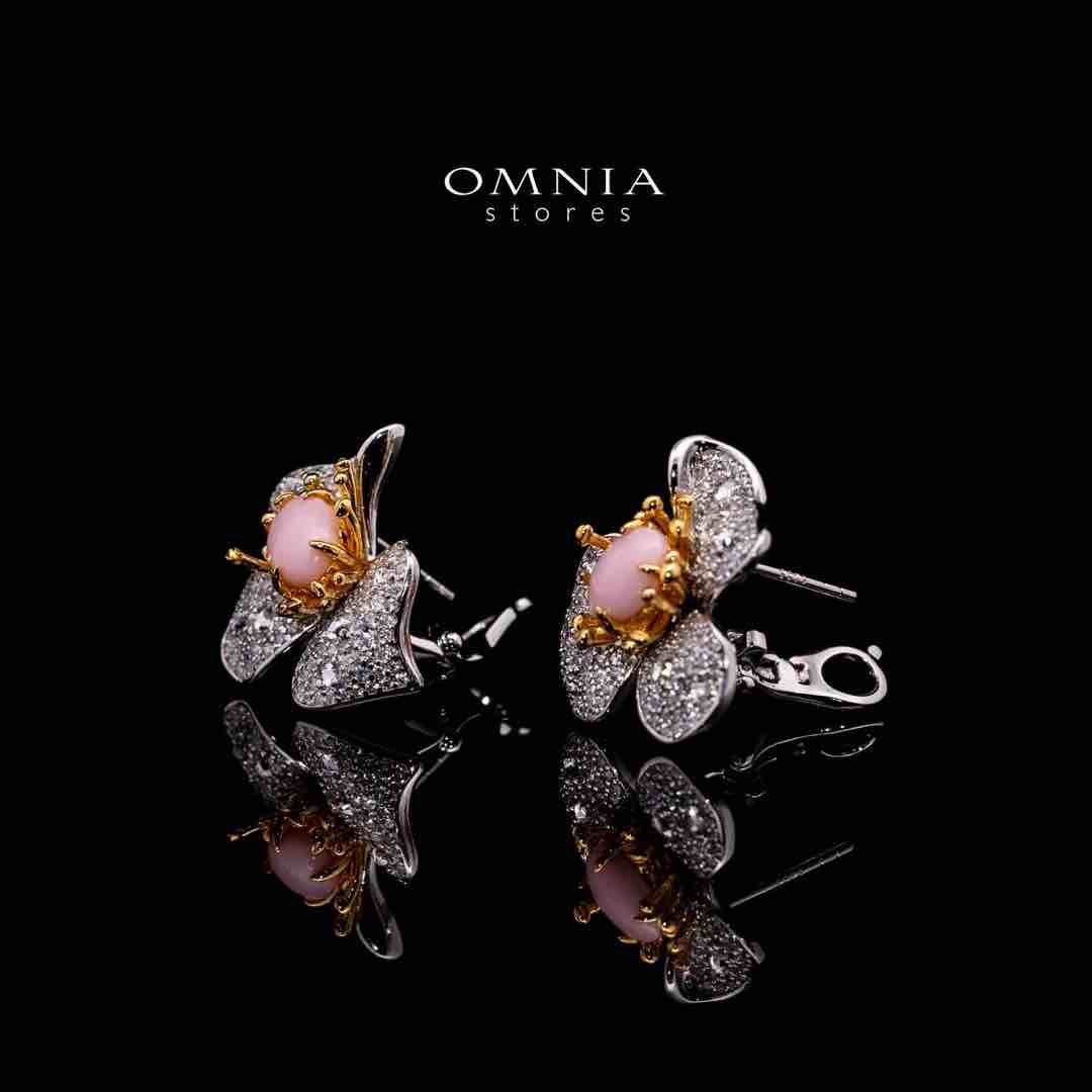Omnia Ahram Pink Coral Flower Silver Drop Earrings in 925 Silver High Quality White Simulated Diamond Stones - OMNIASTORES UAE