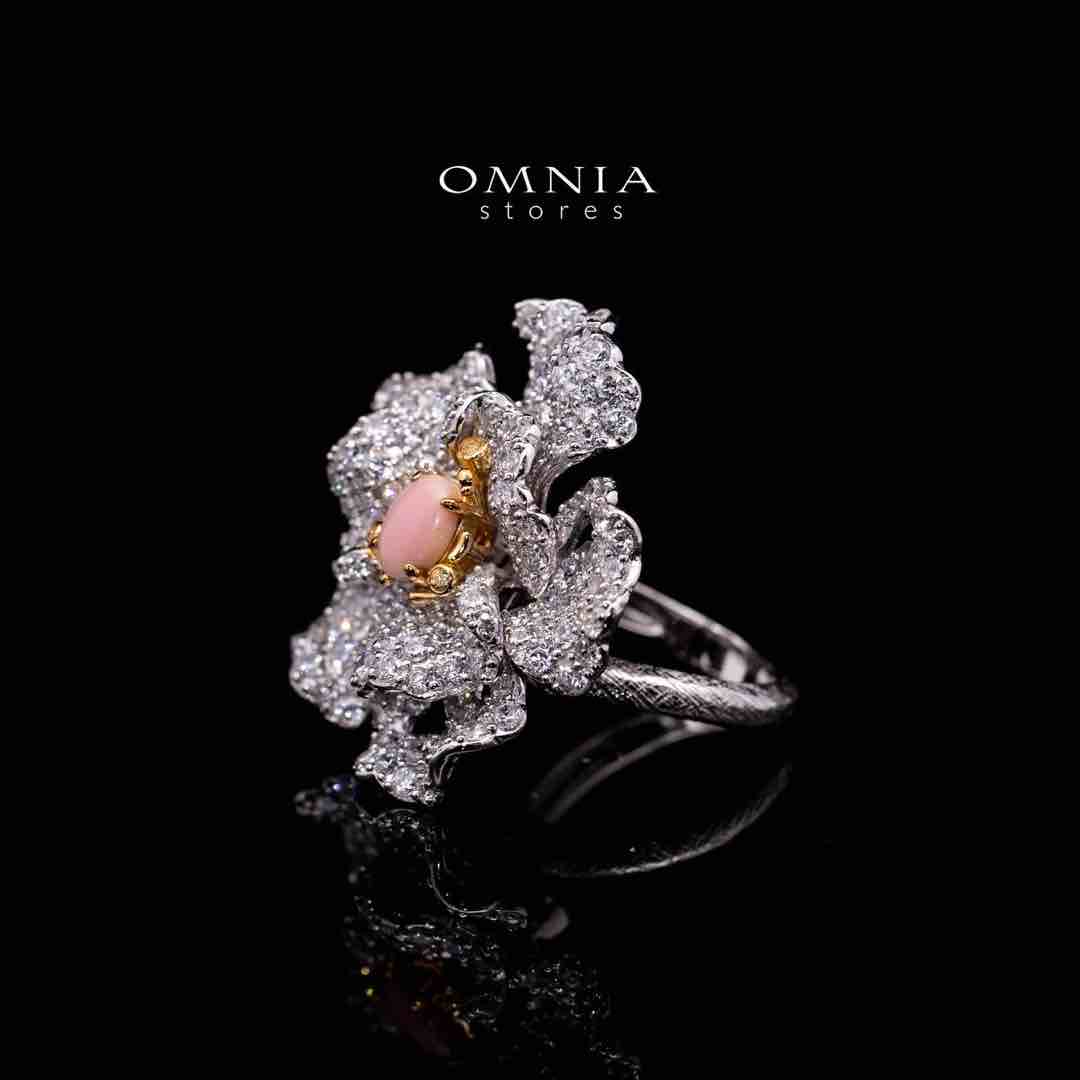 Omnia Sihab Pink Coral Flower Silver Ring in 925 Silver High Quality White Simulated Diamond Stones - OMNIASTORES UAE