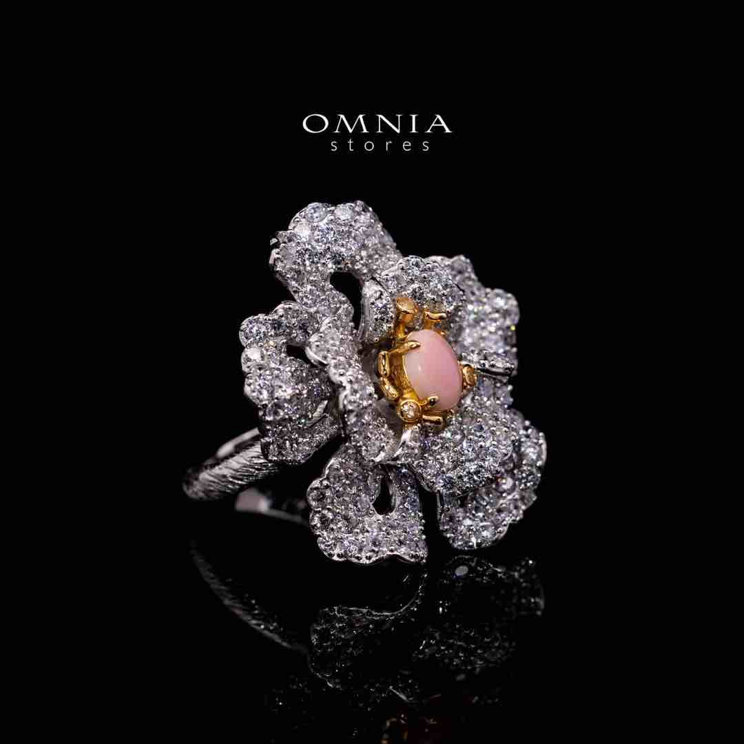 Omnia Sihab Pink Coral Flower Silver Ring in 925 Silver High Quality White Simulated Diamond Stones - OMNIASTORES UAE