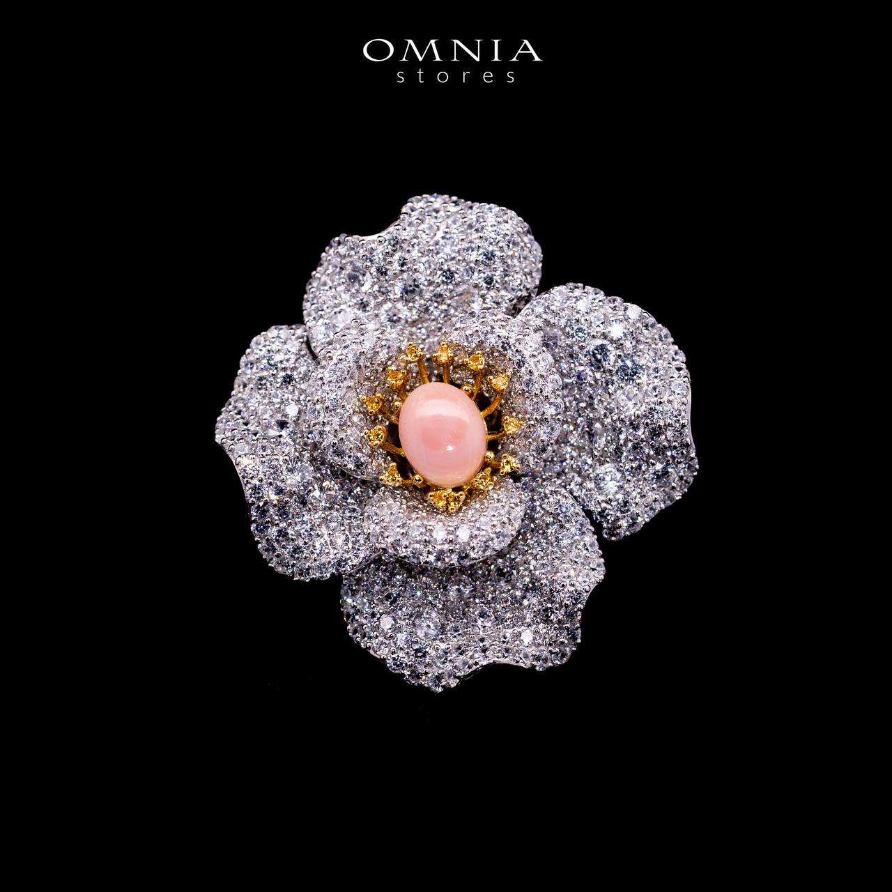 Omnia Ghaydaa Pink Coral Flower Silver Brooch in 925 Silver High Quality White Simulated Diamond Stones