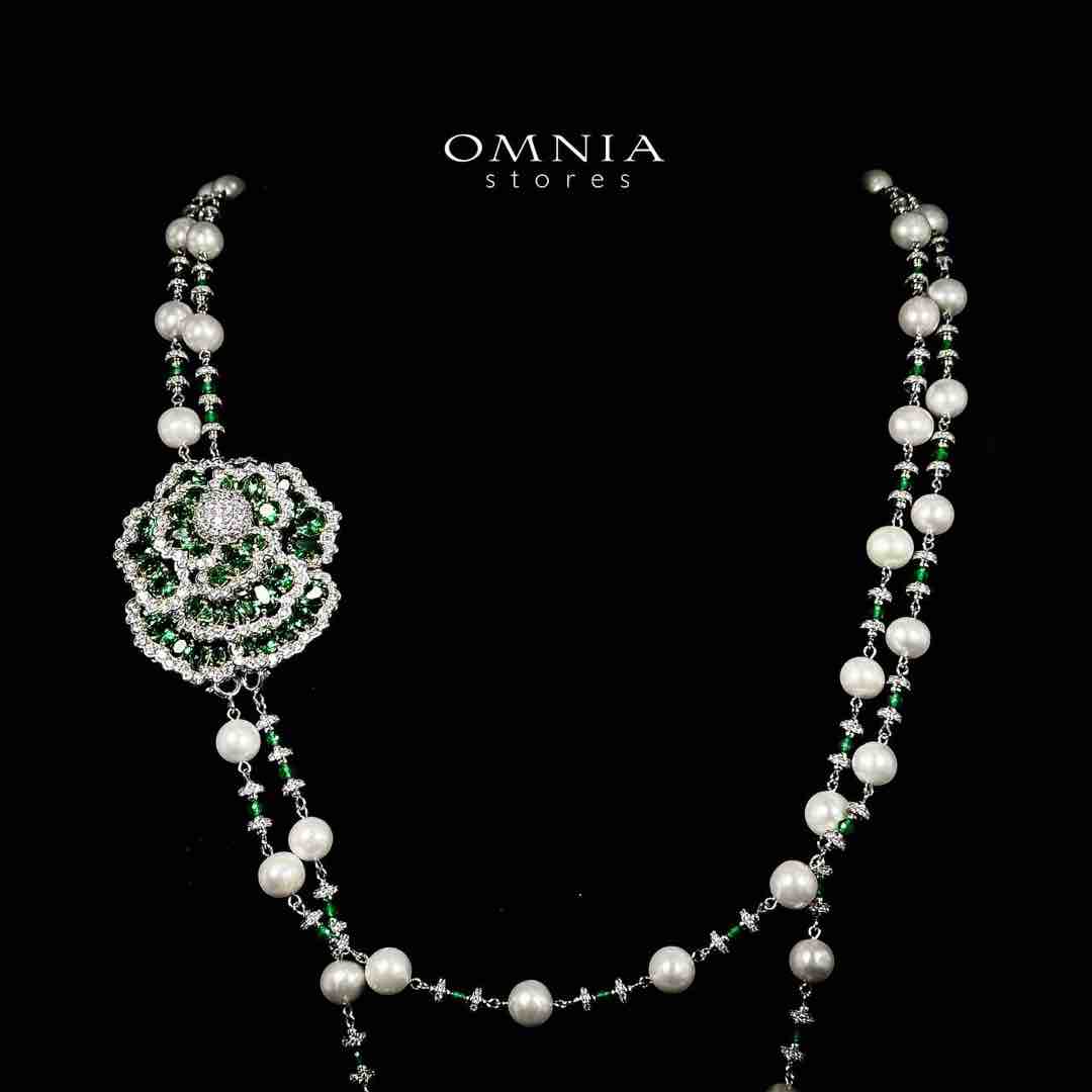 Omnia Nadia Green and White Silver with Real Fresh Pearl Long Chain Necklace in 925 Silver High Quality Simulated Diamond Stones