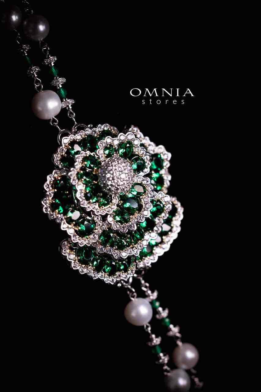Omnia Nadia Green and White Silver with Real Fresh Pearl Long Chain Necklace in 925 Silver High Quality Simulated Diamond Stones