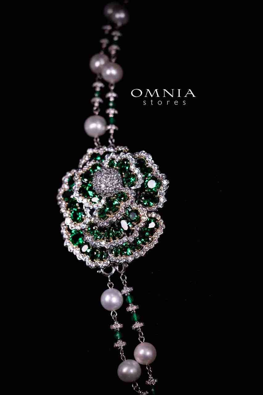 Omnia Nadia Green and White Silver with Real Fresh Pearl Long Chain Necklace in 925 Silver High Quality Simulated Diamond Stones