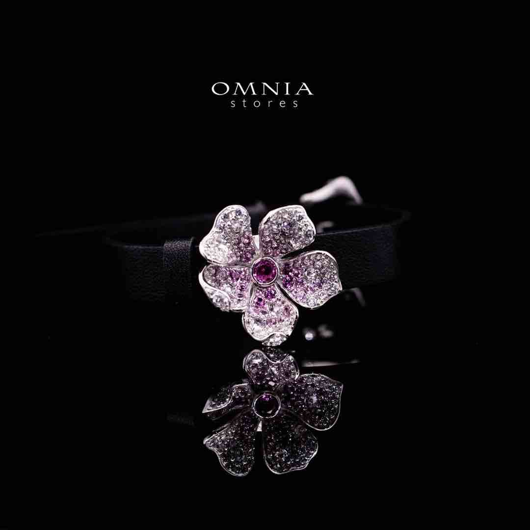 Omnia Yasmine Purple Flower Leather Strap Bracelet in 92.5 Silver with High Quality Simulated Diamonds - OMNIASTORES UAE