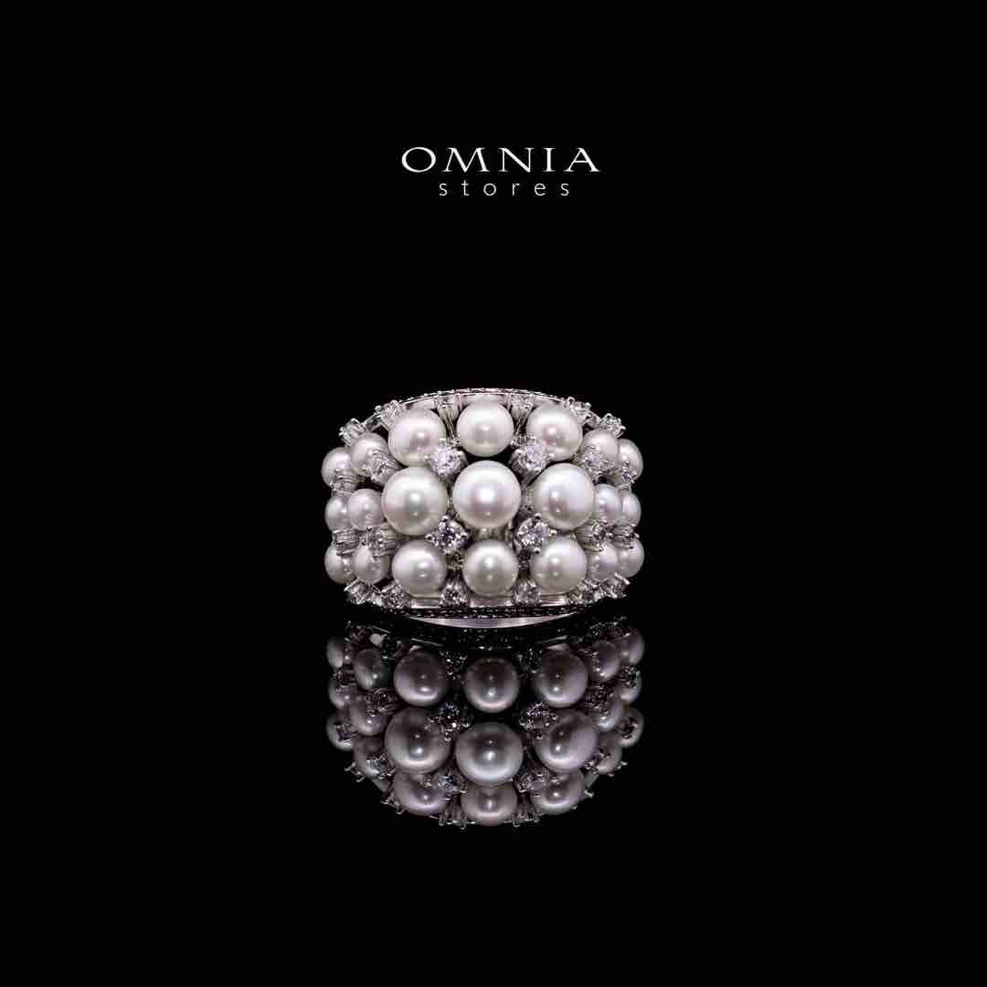 Omnia Nour White Fresh Water Pearl Silver Ring in 925 Silver In High Quality Simulated Diamonds - OMNIASTORES UAE