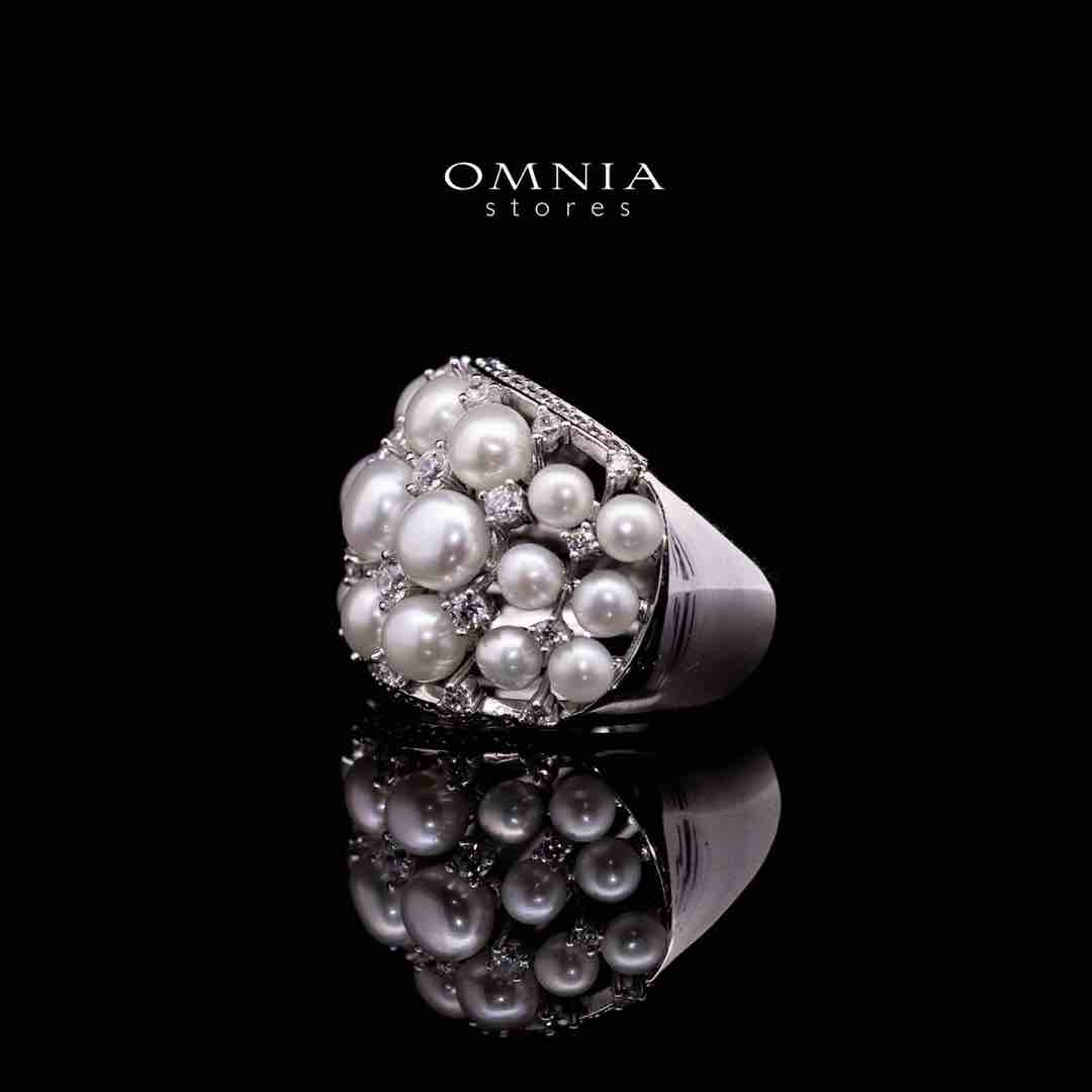 Omnia Nour White Fresh Water Pearl Silver Ring in 925 Silver In High Quality Simulated Diamonds - OMNIASTORES UAE