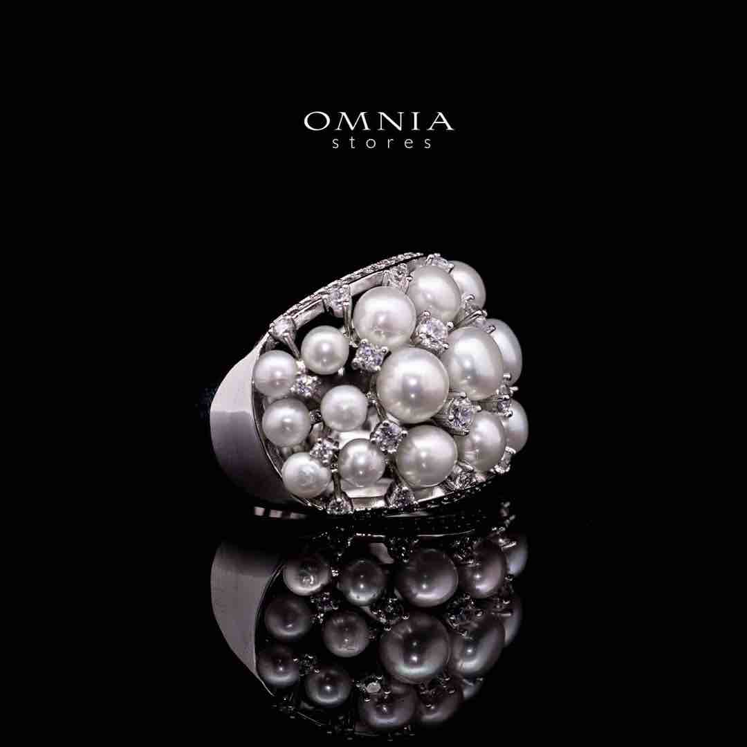 Omnia Nour White Fresh Water Pearl Silver Ring in 925 Silver In High Quality Simulated Diamonds - OMNIASTORES UAE
