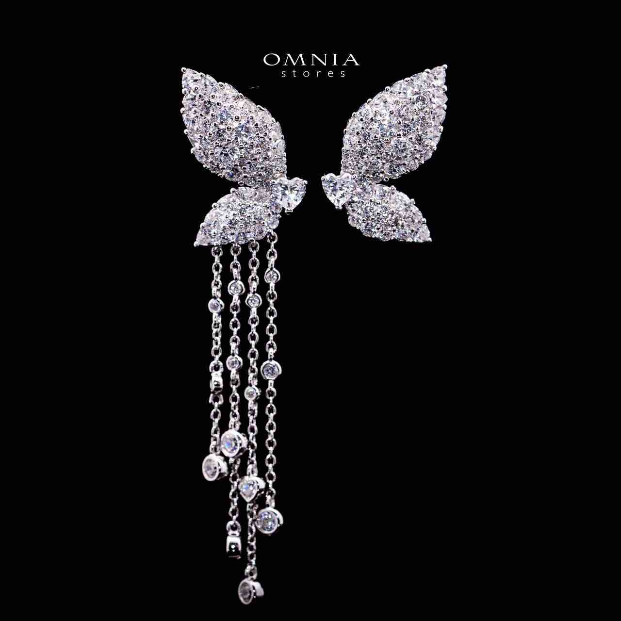 Omnia Aalia White Silver Stud Long Chain Earrings in 925 Silver In High Quality Simulated Diamonds - OMNIASTORES UAE