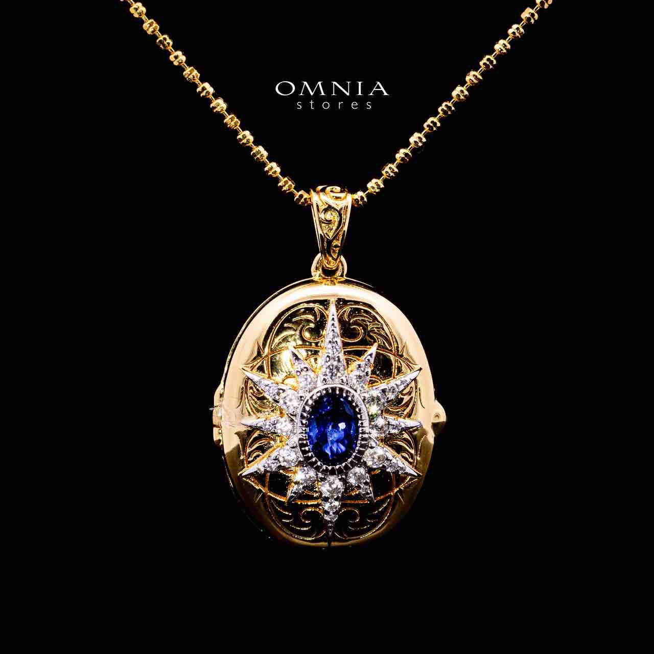 Omnia Firyal Gold Locket Peandant Necklace In 925 Silver High Quality Lab Crafted Blue Stones - OMNIASTORES UAE