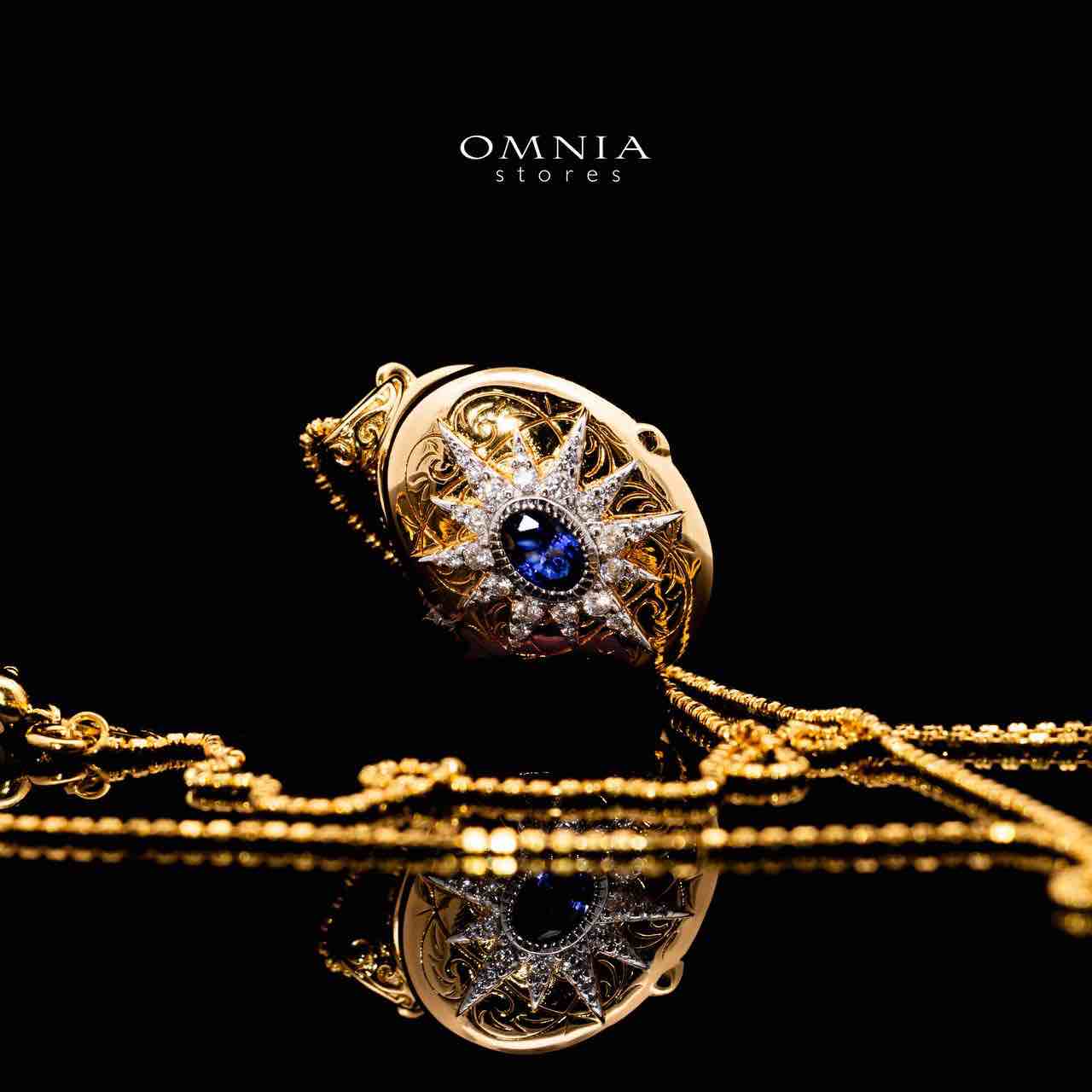 Omnia Firyal Gold Locket Peandant Necklace In 925 Silver High Quality Lab Crafted Blue Stones - OMNIASTORES UAE