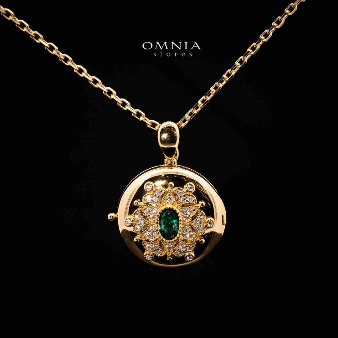Omnia Firyal Gold Locket Peandant Necklace In 925 Silver High Quality Certified Lab Crafted Green Stones - OMNIASTORES UAE