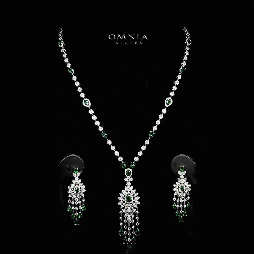 Azadeh Green Bridal Long Chain Set Accessories High Quality Zircon Stone In Rhodium Plated - OMNIASTORES UAE