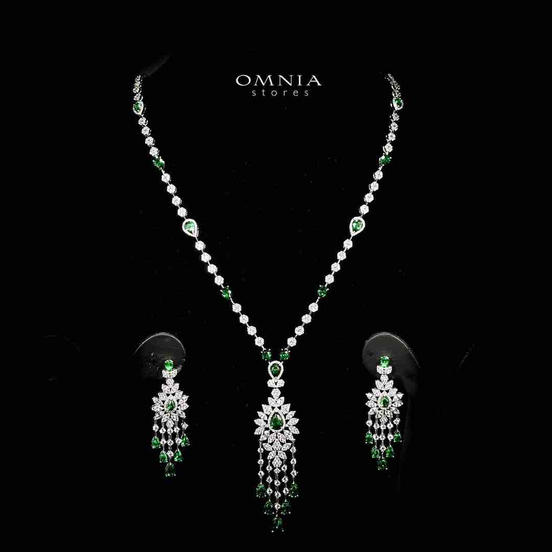 Azadeh Green Bridal Long Chain Set Accessories High Quality Zircon Stone In Rhodium Plated - OMNIASTORES UAE