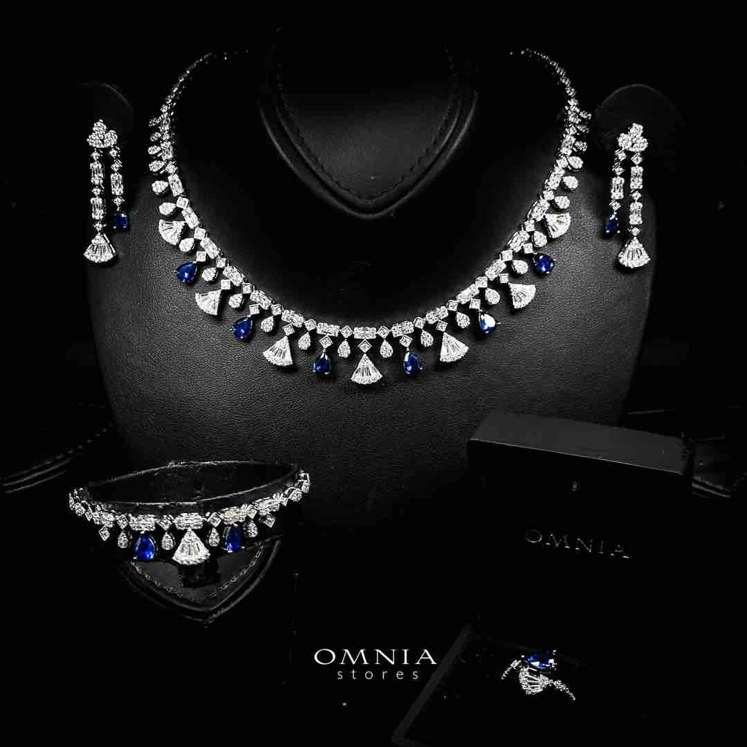 Omnia Marwa Blue Bridal Full Set in High Quality Zircon Stone Rhodium Plated - OMNIASTORES UAE