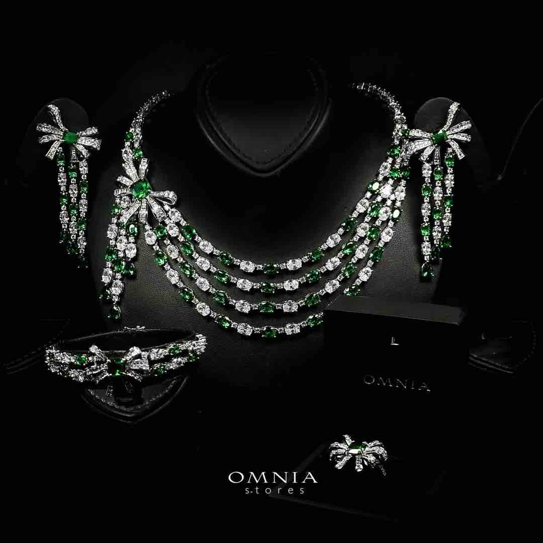 Omnia Mawada Green Bridal Full Set with Elegant Bow-Accent Design and High-Quality Zircon Stones in Rhodium Plated Finish - OMNIASTORES UAE