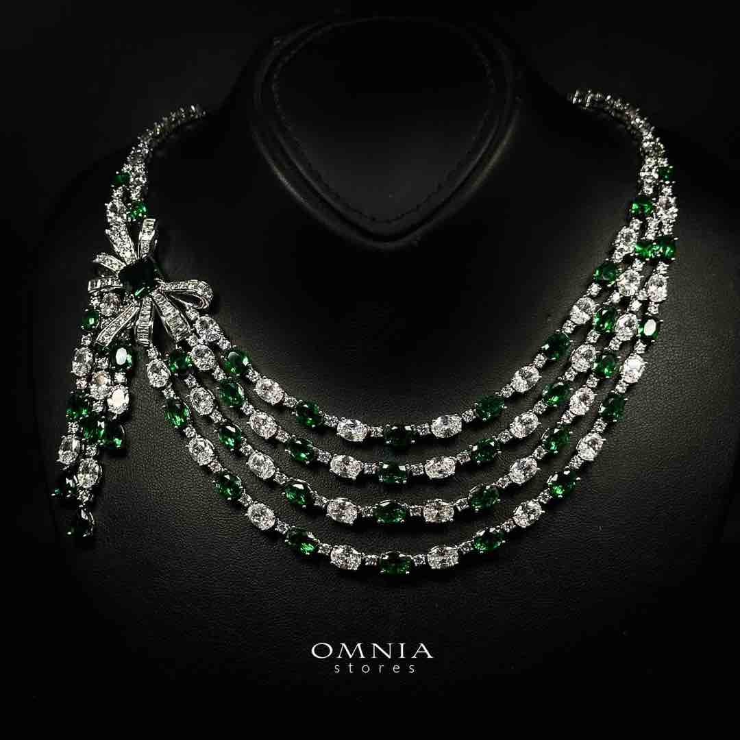 Omnia Mawada Green Bridal Full Set with Elegant Bow-Accent Design and High-Quality Zircon Stones in Rhodium Plated Finish - OMNIASTORES UAE
