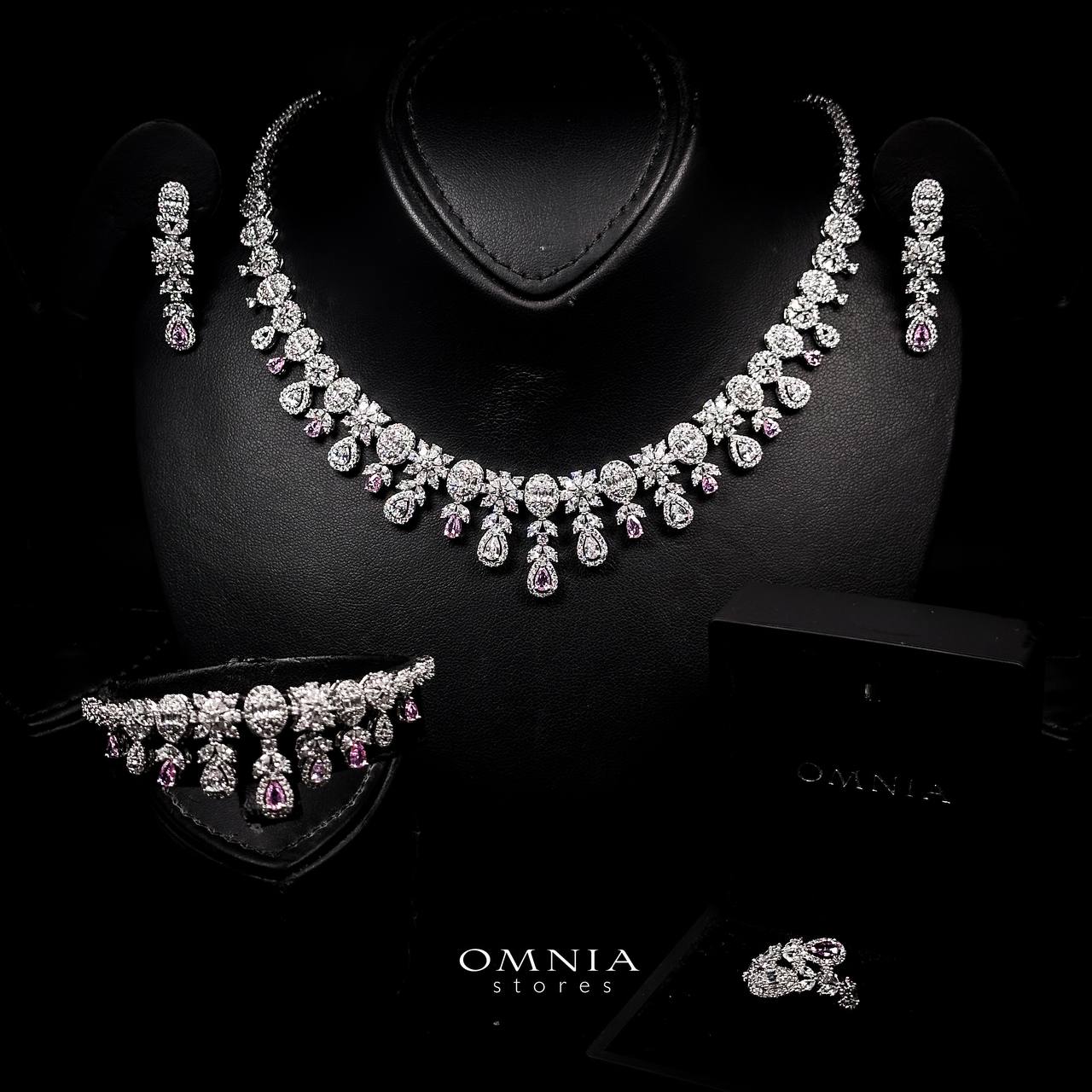 Omnia Trisha Pink Full set Accessories in High Quality Zircon Stone in Rhodium Plated - OMNIASTORES UAE