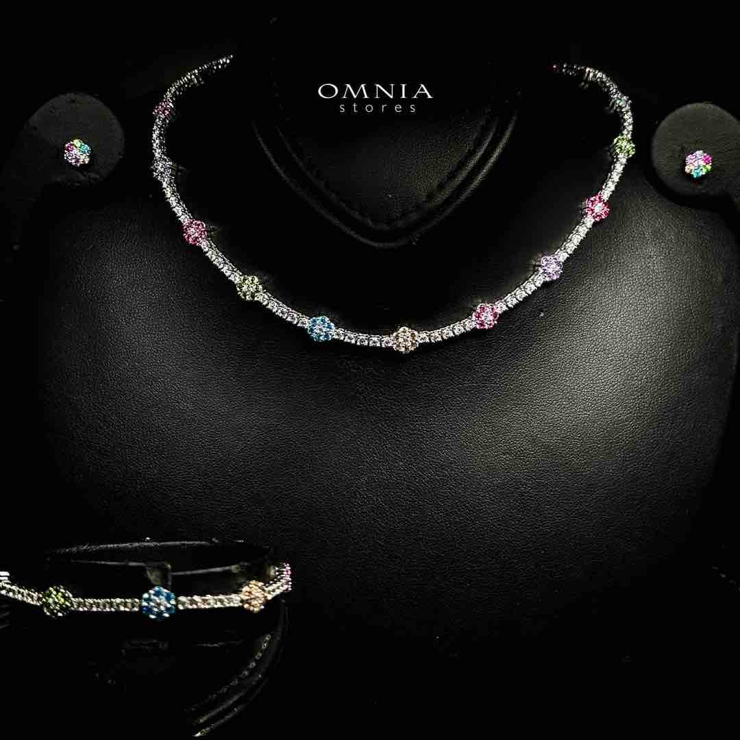 Omnia Zakiyaa Multi Color Tennis Necklace, Earrings and Bracelet Set in 925 Silver with High Quality Simulated Diamonds 2mm