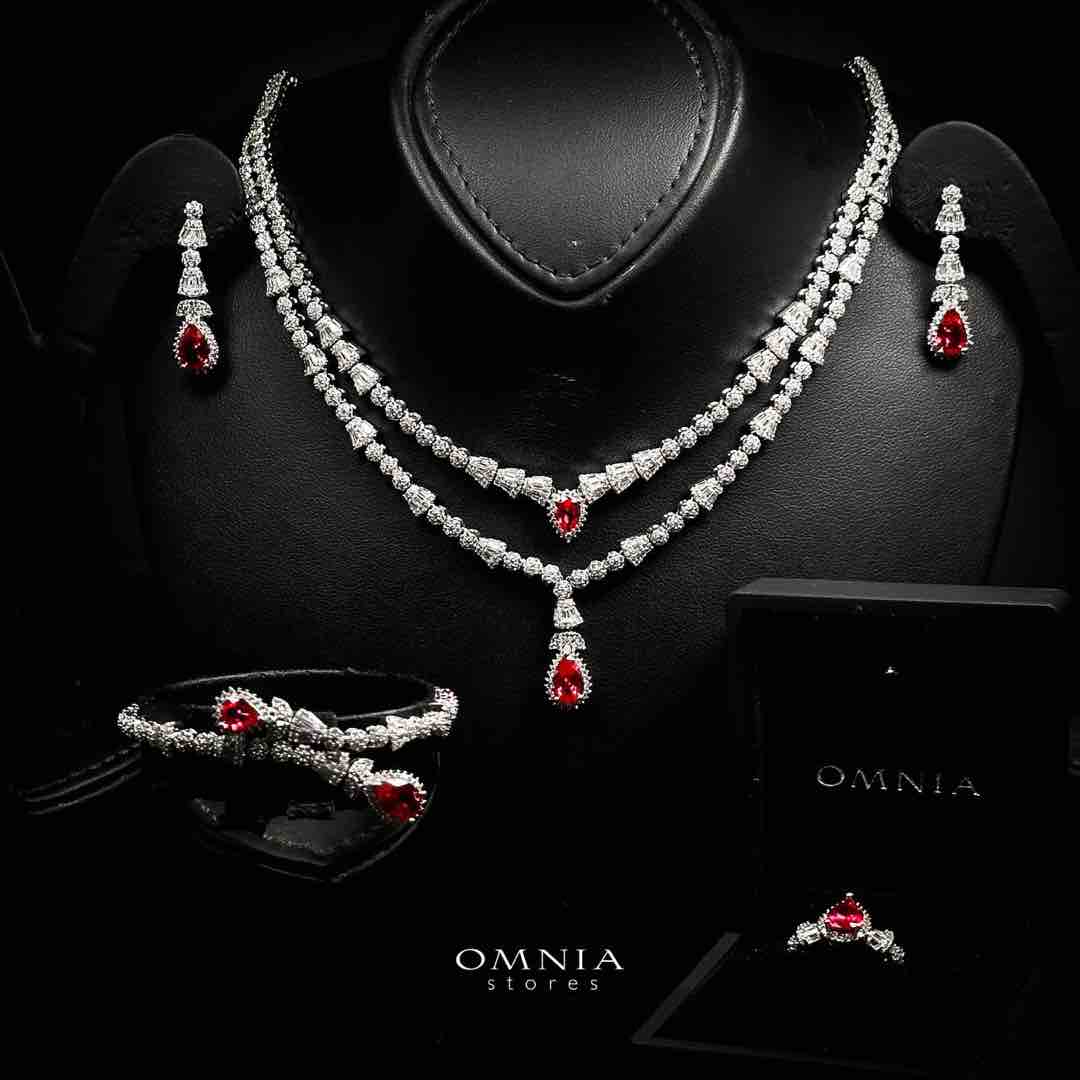 Omnia Ethereal Red Drop Luxury Bridal Full Set in High Quality Rhodium Plated Zircon Stones