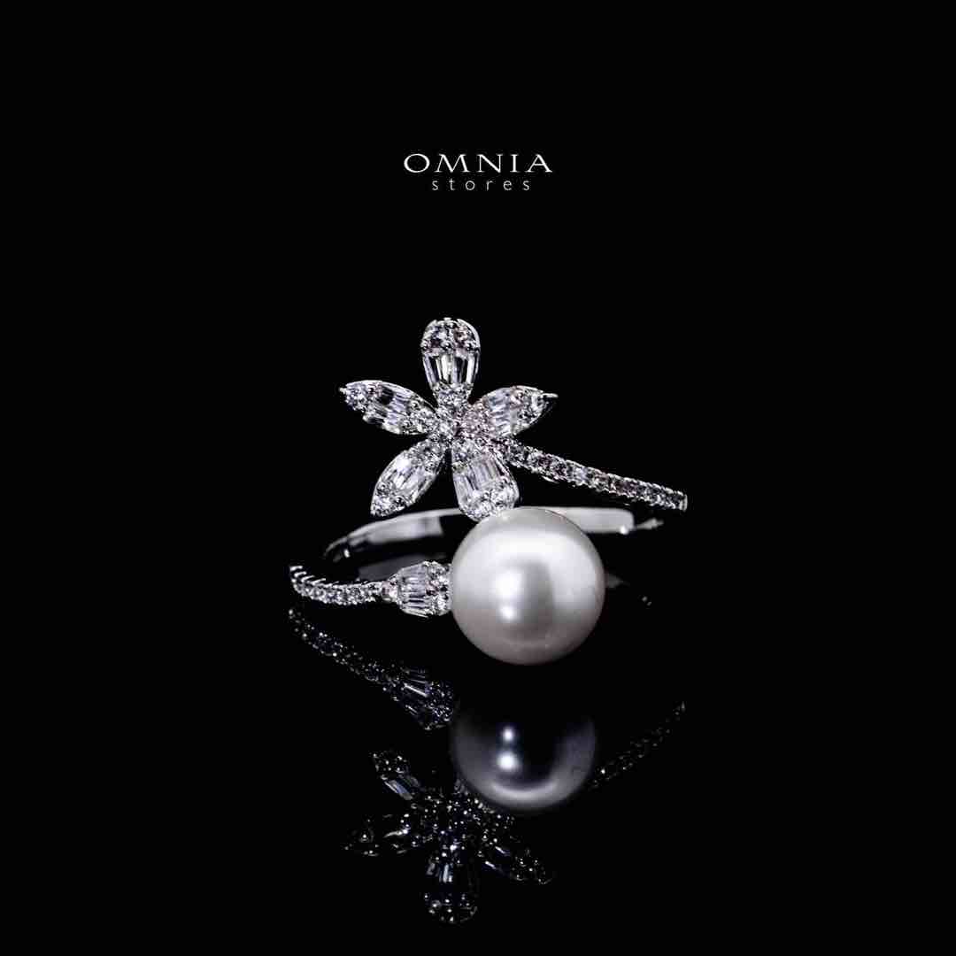 Omnia Bareea Luxury White Pearl Bracelet & RIng Set in High Quality Zircon Stone Rhodium Plated