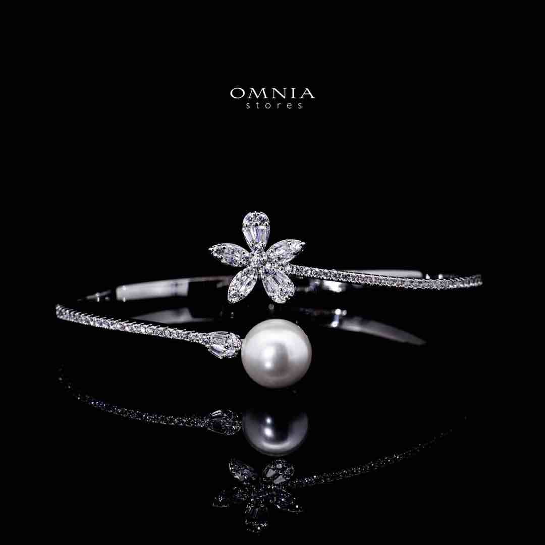Omnia Bareea Luxury White Pearl Bracelet & RIng Set in High Quality Zircon Stone Rhodium Plated