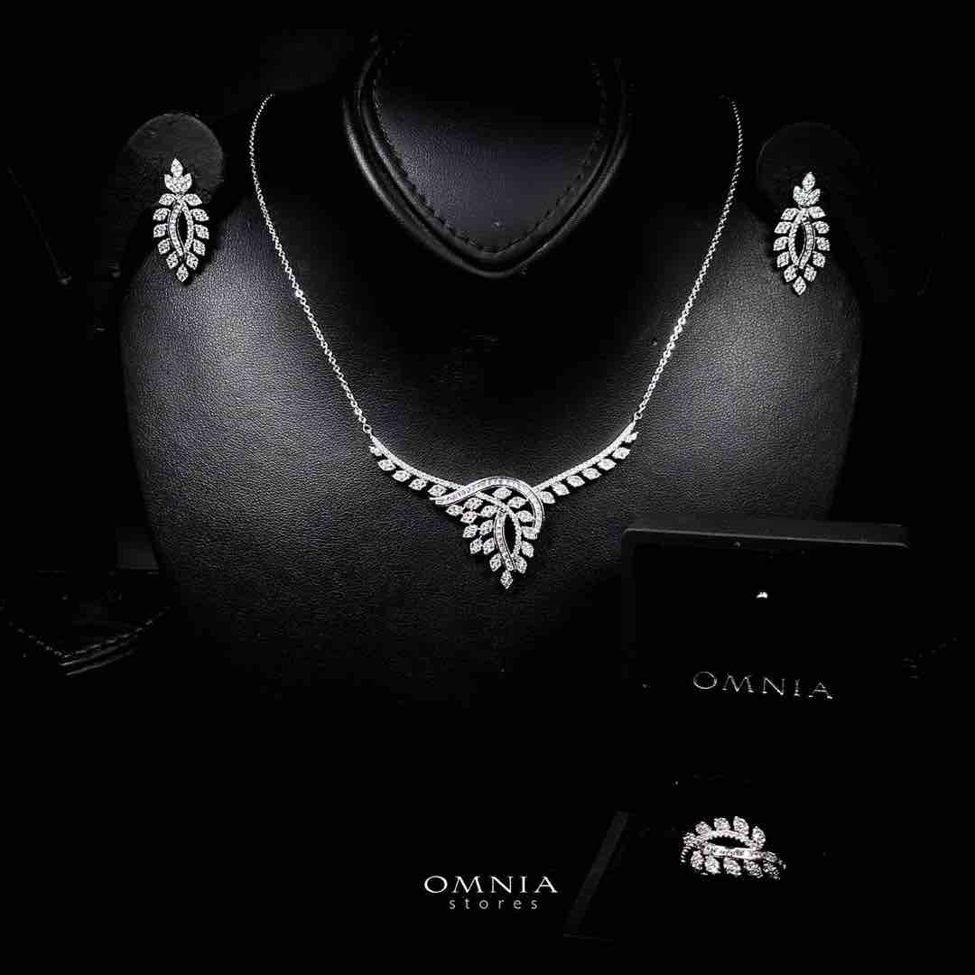 Omnia Leilah Luxury White Necklace, Earrings & Ring Set in High Quality Zircon Stone Rhodium Plated