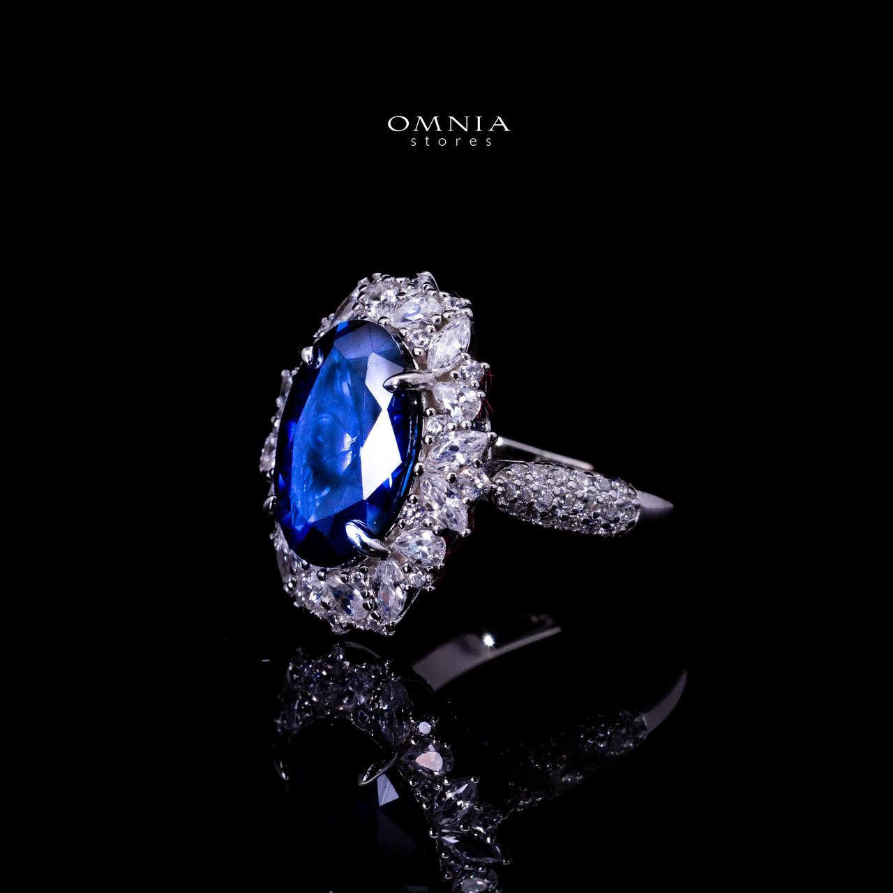 Omnia Anayah Royal Blue Stone Silver Ring in 925 Silver with High Quality Simulated Diamonds