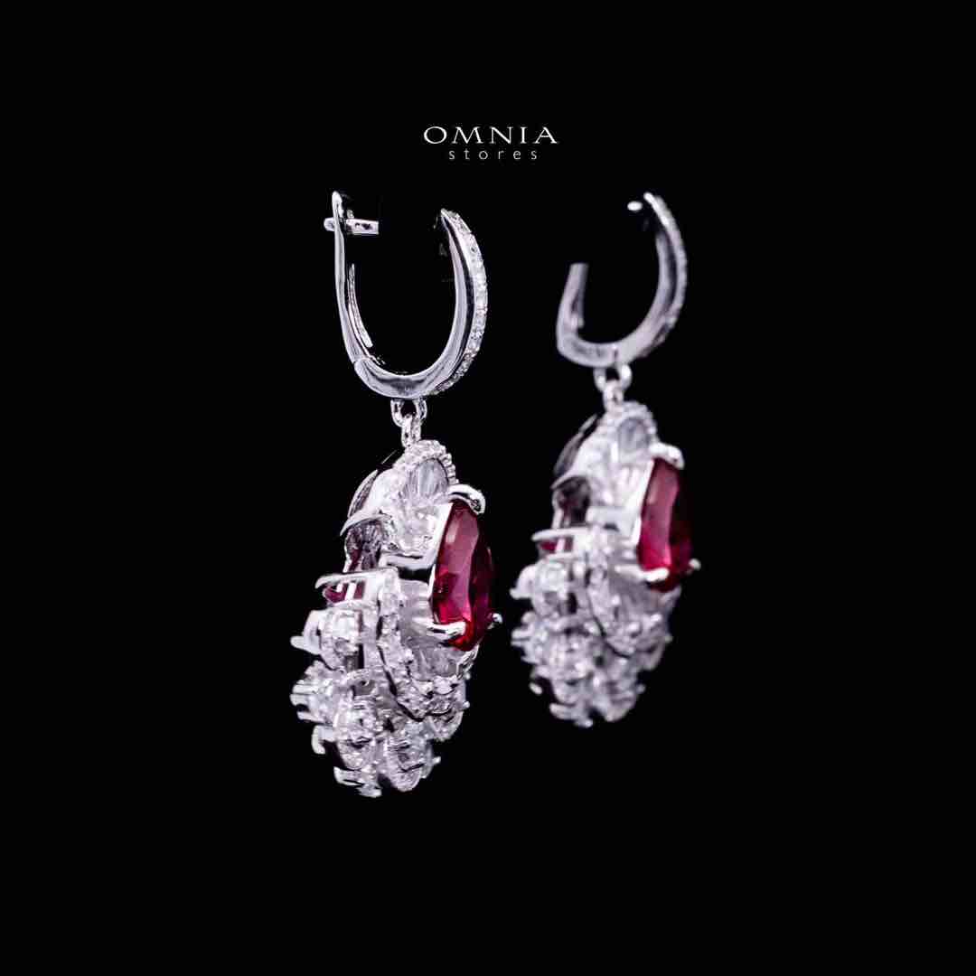 Omnia Aleyna Red Stone Silver Drop Earrings in 925 Silver with High Quality Simulated Diamonds - OMNIASTORES UAE