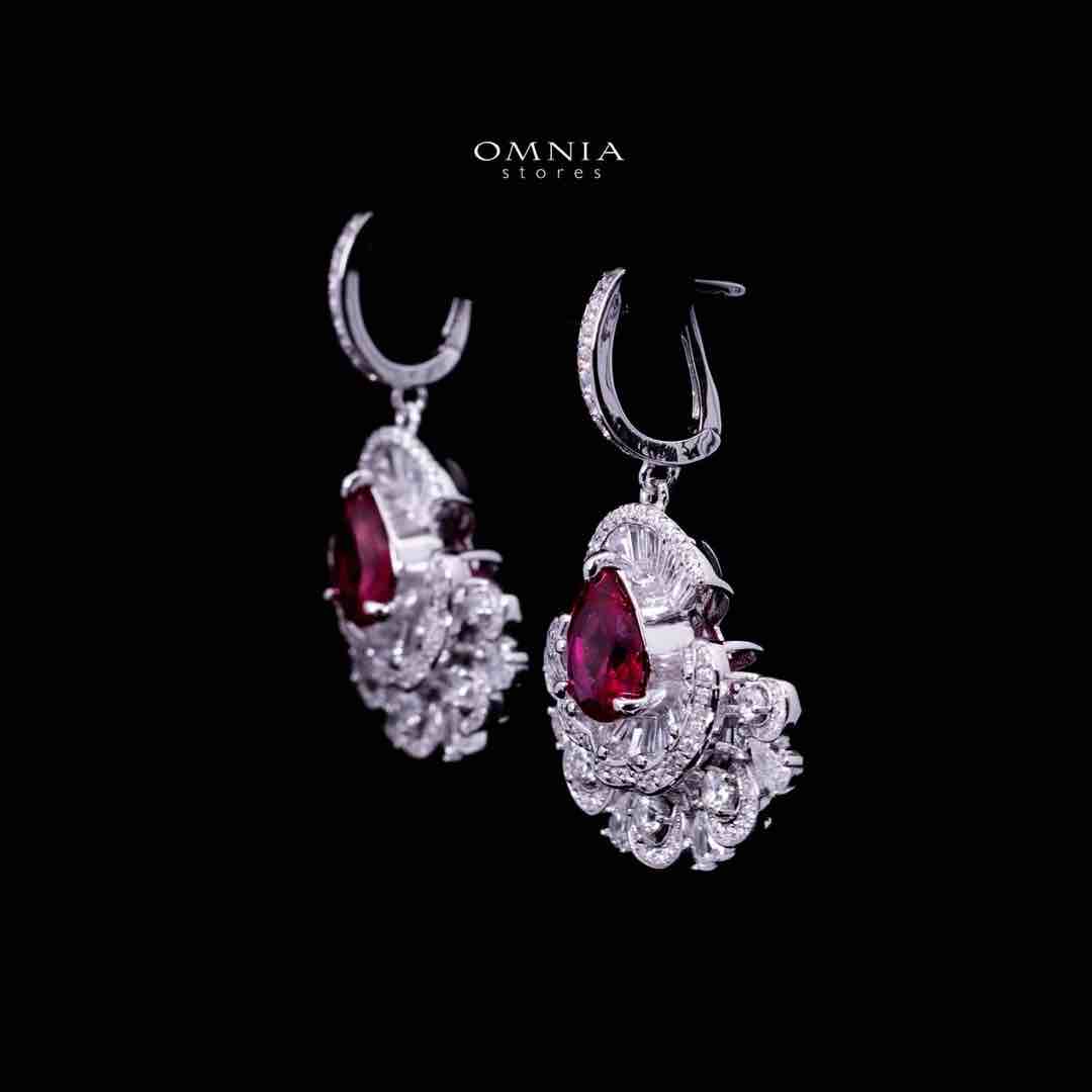 Omnia Aleyna Red Stone Silver Drop Earrings in 925 Silver with High Quality Simulated Diamonds - OMNIASTORES UAE