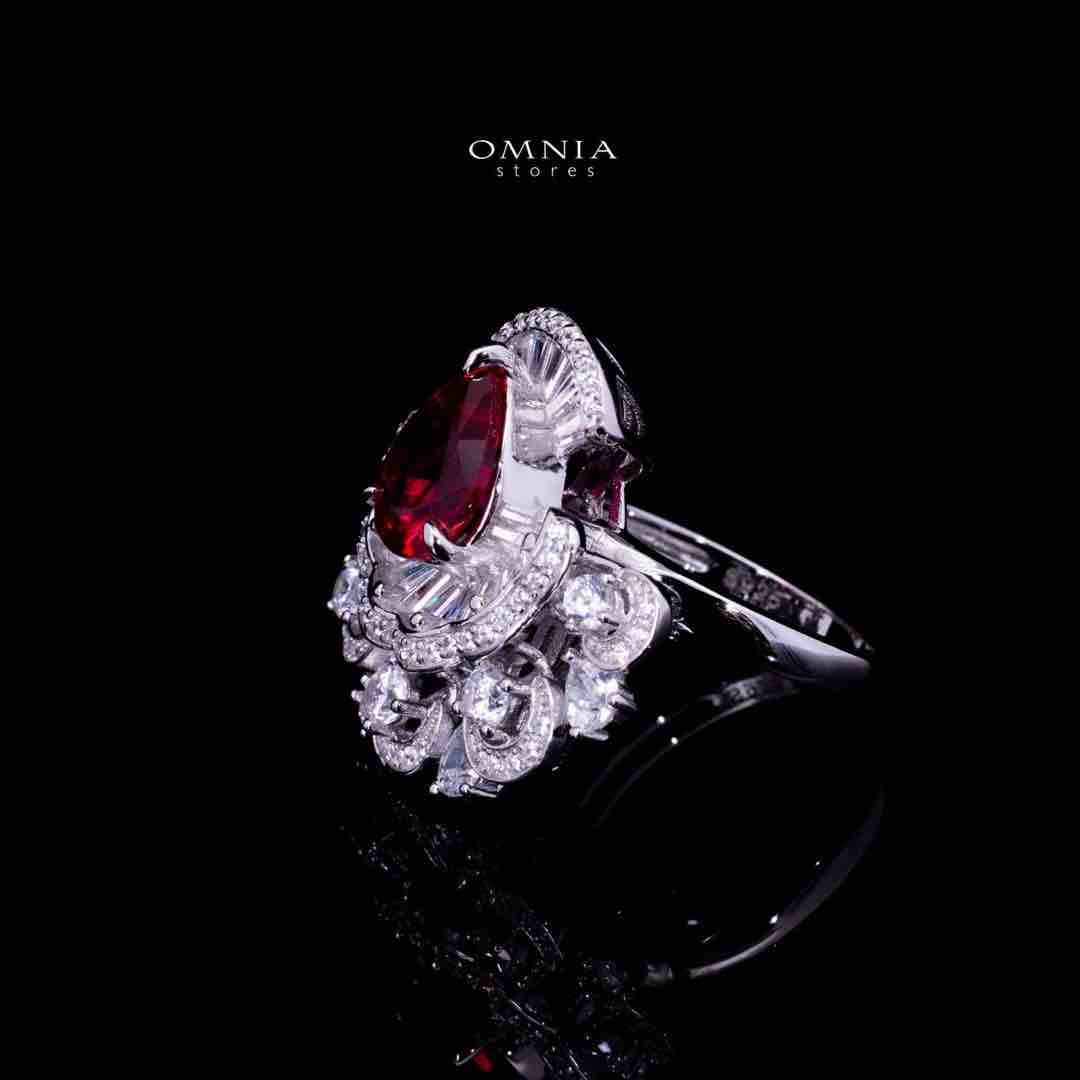 Omnia Aleyna Red Stone Silver Ring in 925 Silver with High Quality Simulated Diamonds