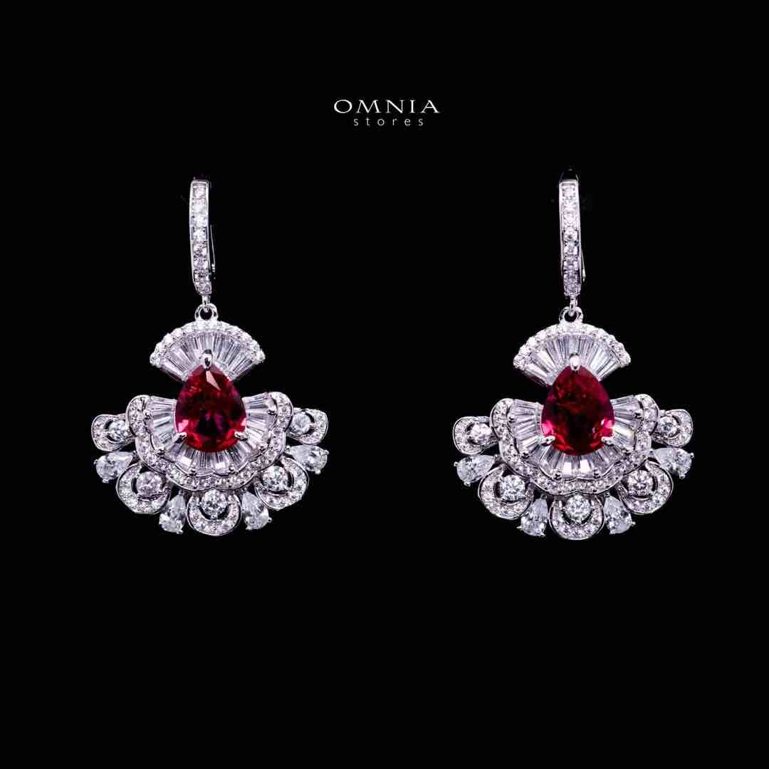 Omnia Aleyna Red Stone Silver Drop Earrings in 925 Silver with High Quality Simulated Diamonds