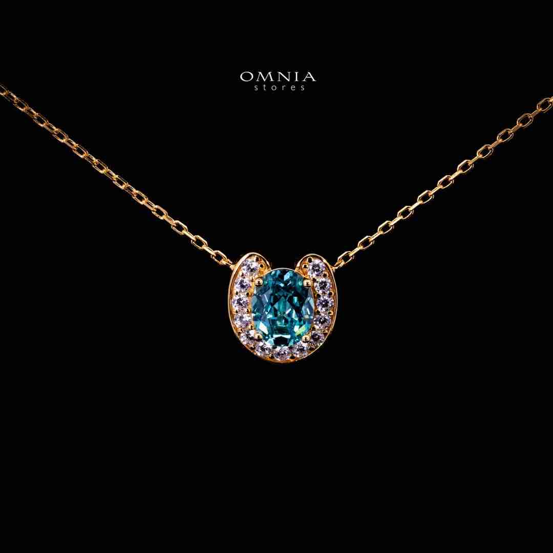 Omnia Amyra Sky Blue Stone Gold Pendant Necklace in 925 Silver with High Quality Simulated Diamonds