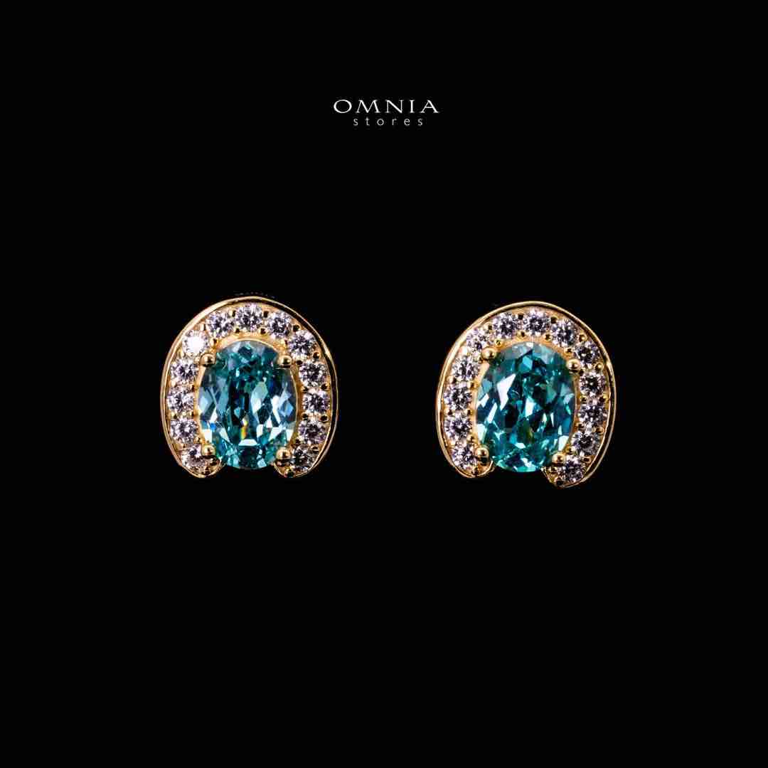 Omnia Amyra Sky Blue Stone Gold Stud Earrings in 925 Silver with High Quality Simulated Diamonds